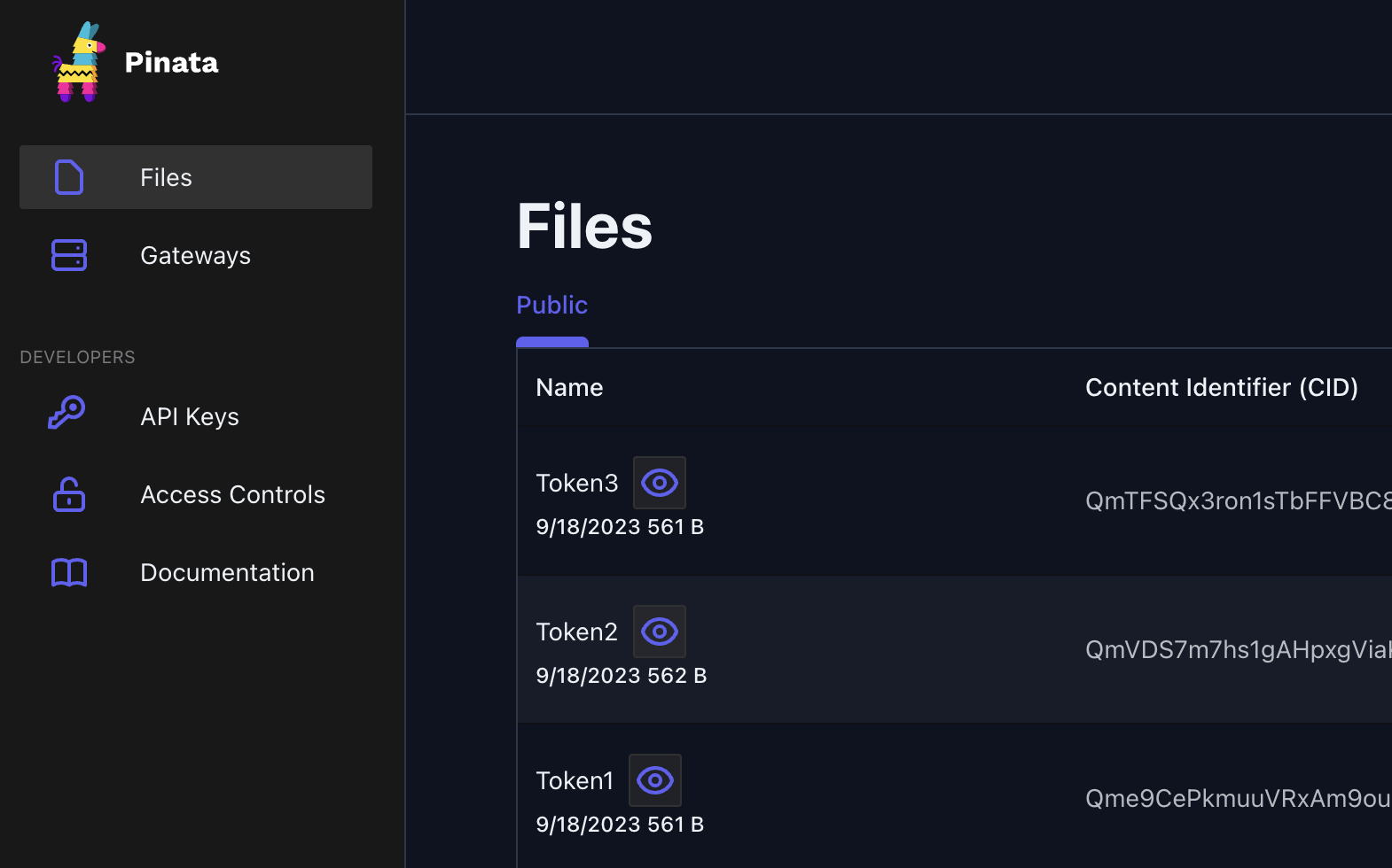 The Files tab on Pinata, showing three NFT metadata files